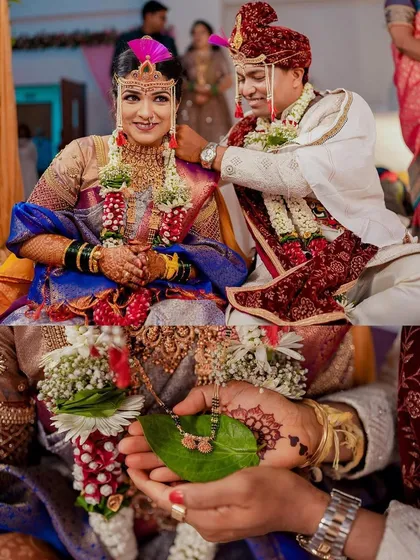 A collage from a traditional Maharashtrian wedding, showing the Mangalsutra ritual and the bride's beautiful smile.