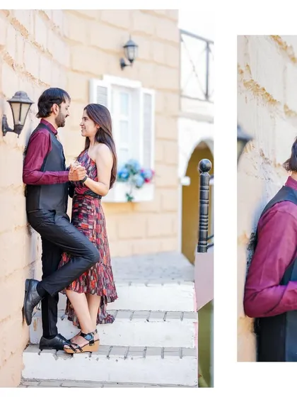 A diptych of intimate moments against a rustic European street backdrop, capturing both a shared glance and a quiet, candid smile.