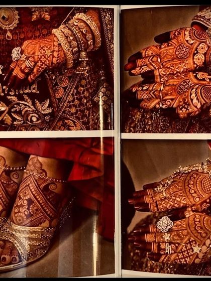 A collage from a professional wedding album, showing close-ups of the bride's hands and feet, adorned with my intricate henna.