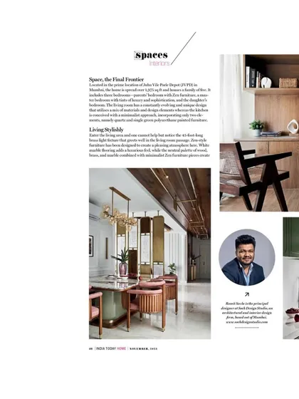 A page from the India Today Home feature, showcasing the living and dining spaces and my profile as the principal architect.