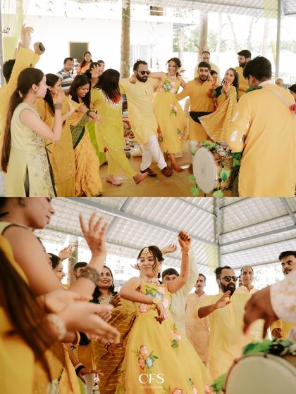 The dance floor is alive with energy during the Haldi ceremony. This collage captures the groom and guests dancing with dhol players, showcasing the "khao, piyo, nacho" spirit.