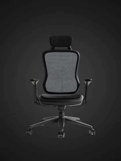 A frontal view of our ergonomic executive chair in a classic all-black finish. The contoured mesh back is designed to provide targeted lumbar support, making it ideal for long periods of focused work.
