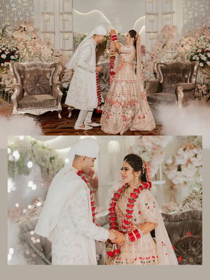 A collage of the Varmala exchange, capturing the couple's happiness and the beautiful, opulent decor.