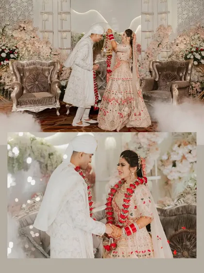 A collage of the varmala exchange, set against a lavishly decorated stage with smoke effects for a dreamy feel.