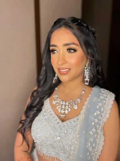 A close-up of Sanskriti's beautiful smokey eye and flawless skin.