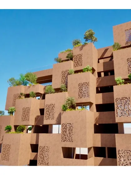 "Orchards in the Sky" is our conceptual model for a mixed-use development that integrates nature into high-density living. Staggered, receding terraces create private gardens for residents, introducing fruit-bearing trees into the urban fabric.