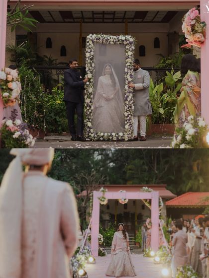 A unique and grand bridal entry leading to a first look. The bride is revealed from behind a floral frame before walking down the aisle to her waiting groom.