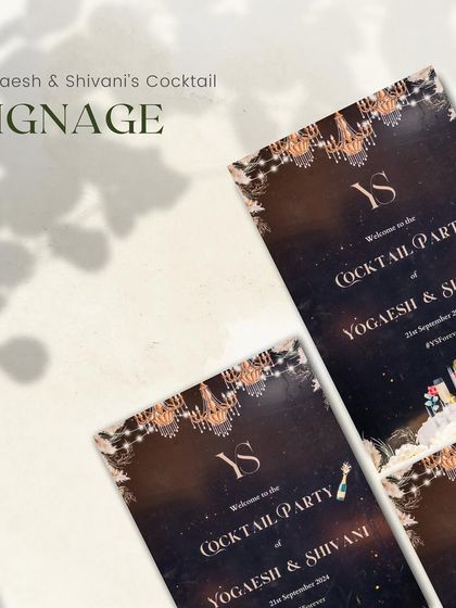 A closer look at the glamorous cocktail party signage. The deep, starry background and elegant gold typography create a sophisticated and inviting sign that perfectly matches the celebratory mood of the evening.