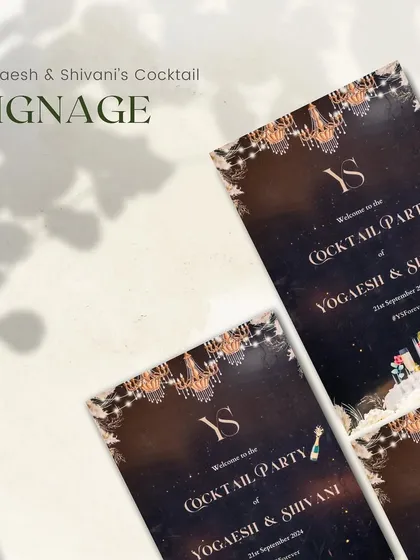 For Yogaesh and Shivani's cocktail party, I designed this chic and celebratory signage. The design features a dark, starry background with elegant chandeliers and popping champagne to set a fun and sophisticated mood.