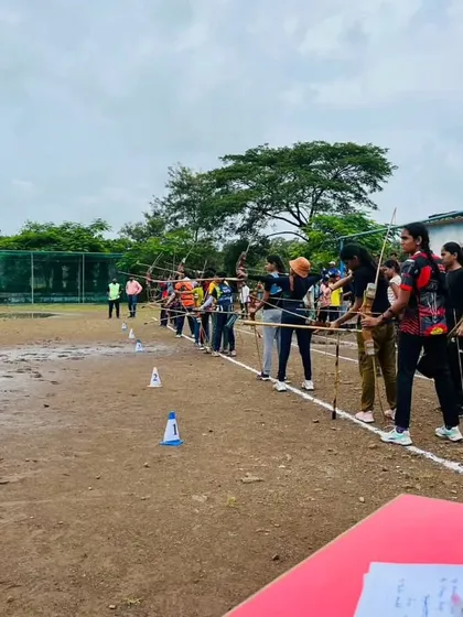 A full line of young archers preparing to shoot at the Raigad district competition. Events like this are vital for the growth of the sport at the grassroots level.