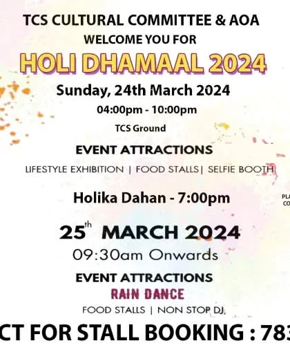 The official event poster for a "Holi Dhamaal" event for TCS, where I was the featured live performer. We are often booked for large-scale festive celebrations for corporate clients.