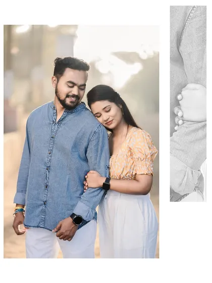 A collage combining a tender portrait with a detailed shot of their hands, emphasizing both emotion and connection.