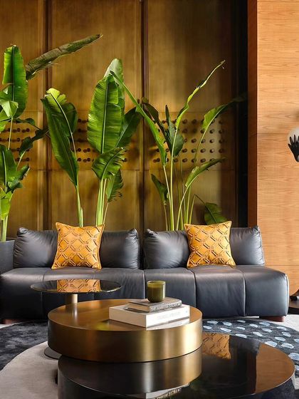 Another view of the lounge, showing how verdant alcoves are nestled within the space. These pockets of greenery offer captivating views from every angle and intertwine with the interior, imbuing it with vitality.