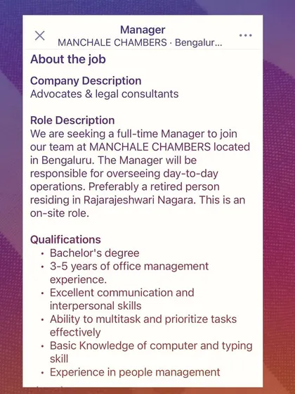We are always looking for talented individuals to join our team at Manchale Chambers. This was a recent job posting for a Manager role at our Bengaluru office.