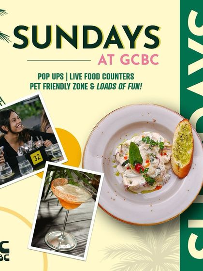 Sundays are for brunch. This poster highlights the fun, food, and drinks you can expect, including live counters and a pet-friendly zone.