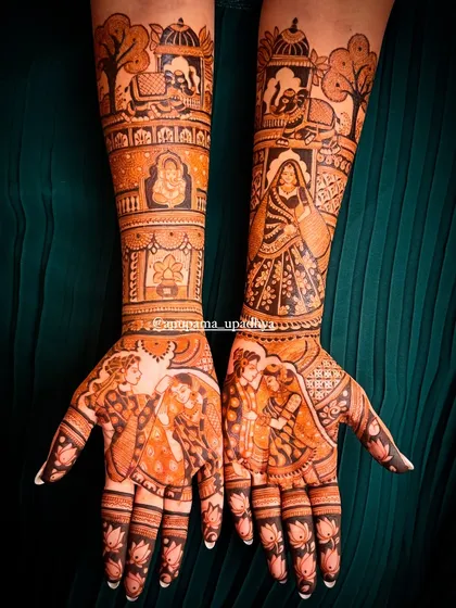 This is my signature style of bridal mehandi. It combines traditional figures, scenes, and intricate patterns to create a full and rich story.