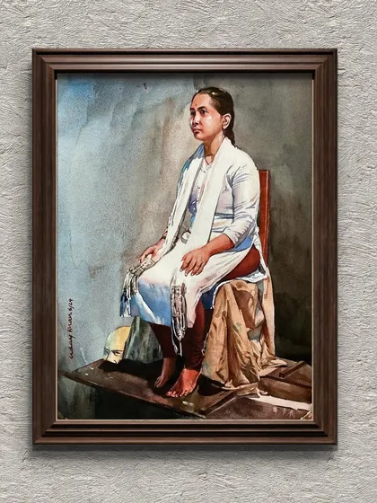 The same figure painting, presented in a digital frame to show how it would look as a piece of home decor.