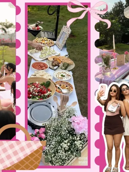 This collage focuses on the delicious food spread and the fun, social atmosphere of the influencer picnic event.