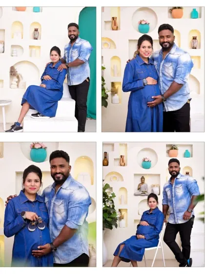 A collage of four photos from a fun and modern session. The couple's matching denim outfits and the variety of poses, including one with tiny baby shoes, tell a happy and stylish story.