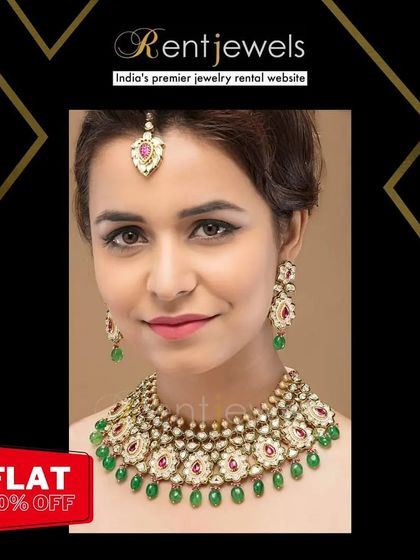 A model wearing my popular Polki Kundan emerald green necklace set. This piece is perfect for adding a touch of royal color to your wedding ensemble.