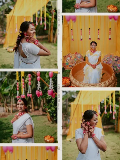 A film-strip style collage showcasing various beautiful moments from a bride's Haldi ceremony.