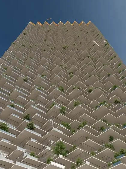 We are redefining high rise living with our "villas in the sky" concept. This upward view of the 'Ah! Sky!' tower showcases our vision for vertical communities, where each residence has its own private green space, creating a neighborhood that reaches for the sky.