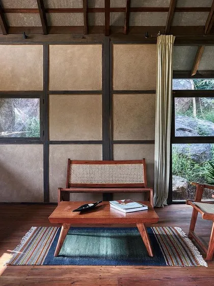 This is the living space of a prefabricated earthen studio I designed in Goa. It demonstrates how traditional wattle-and-daub techniques can be used to create warm, contemporary interiors that are light, breathable, and built in harmony with nature.