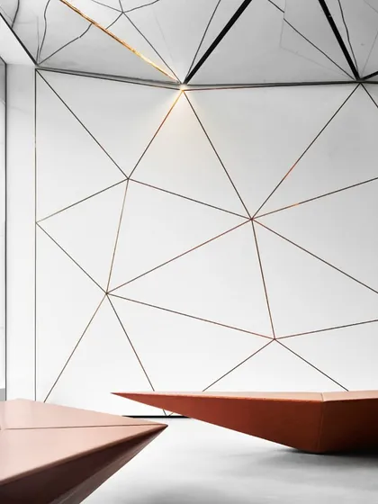 The geometric pattern on the wall features subtle lighting that enhances its three-dimensional quality. This detail adds another layer of visual interest to the space.