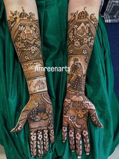 This design tells a story of home and heritage, with figures of a bride and groom, a humble home, and traditional palace architecture.