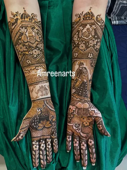 This design tells a story of home and heritage, with figures of a bride and groom, a humble home, and traditional palace architecture.