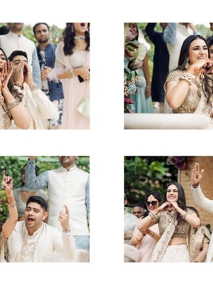A collage of the bride and groom's ecstatic reactions during their home engagement ceremony. Their cheers and gestures show the pure, unfiltered joy of the moment.