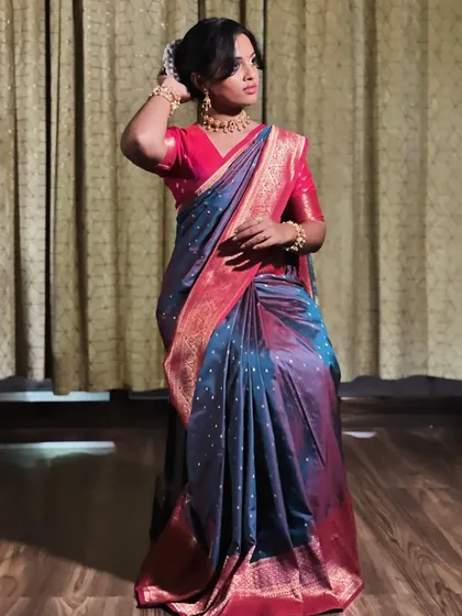 A full-length view of a South Indian style drape. The pleats are sharp and uniform, and the saree is secured to stay perfect for hours, making it ideal for weddings or long events where you need to be comfortable and look impeccable.