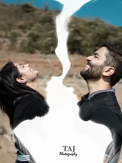 A double exposure portrait that blends the couple's happy faces with the landscape they were in. This artistic technique creates a beautiful visual story of love and place combined.