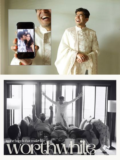 A collage capturing the groom's joy. One shot shows his exuberant celebration with friends, while the other shows him proudly displaying a photo of his bride on his phone. It's a story of love and friendship.