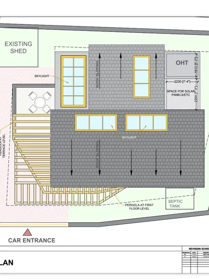 A well-designed roof can completely change how you experience your home. This is the roof plan for a 5BHK Vaastu-compliant villa in Uran, featuring staggered levels and skylights designed to capture scenic views and fill the home with natural light.