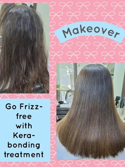 This is a perfect example of our Kera-bonding treatment at work. We took frizzy, slightly coarse hair and transformed it into a smooth, straight style that looks and feels incredibly soft to the touch.