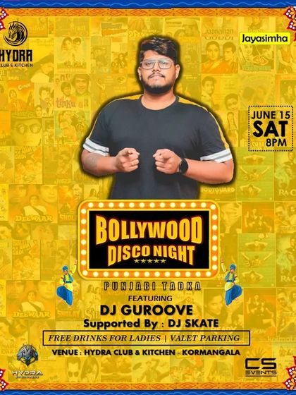 A vibrant poster for my 'Bollywood Disco Night' at Hydra Club in Koramangala.