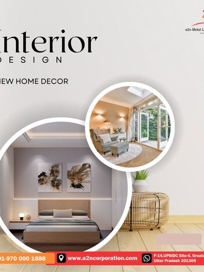 A graphic showcasing new home decor ideas, featuring a serene bedroom with integrated headboard lighting and a bright living area with French doors opening to a garden.