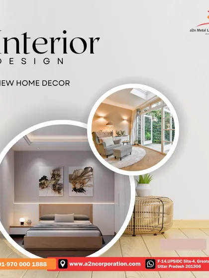 A graphic showcasing new home decor ideas, featuring a serene bedroom with integrated headboard lighting and a bright living area with French doors opening to a garden.