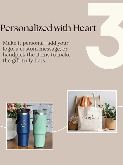 Personalization is key. This image demonstrates how I can add a personal touch to corporate gifts, such as engraving names on tumblers or printing logos on tote bags.