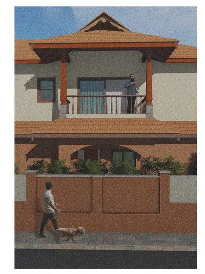 This render shows how our designs can be adapted to an urban context. A well-designed balcony with a traditional wooden truss canopy provides a private outdoor space even in a more densely populated area.