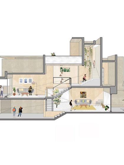 A full sectional illustration of the Terravana Villa. This drawing cuts through the entire house, revealing how all the levels and spaces interact, from the lower ground floor to the terrace, and showcasing the flow of movement.