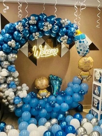 A beautiful 'Welcome Baby' balloon ring in shades of blue and silver, perfect for a baby boy's welcoming ceremony.