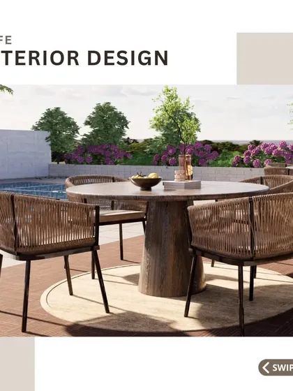I designed this outdoor patio to extend the cafe's seating capacity and offer an al fresco dining option. The furniture is made of durable, weather-resistant woven material, providing comfortable and stylish seating by the poolside.