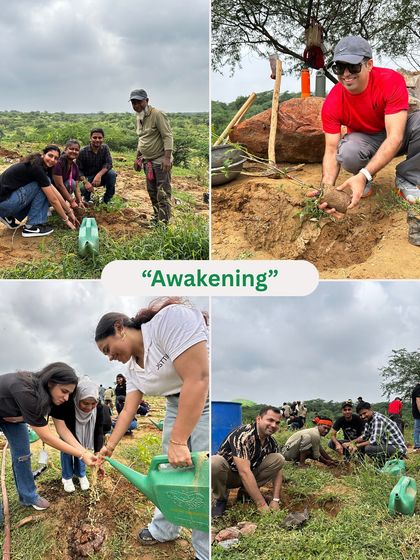 A collage titled "Awakening" shows the OSTTRA team actively planting and watering saplings at Aravali Nagar Van, helping to build an urban forest.