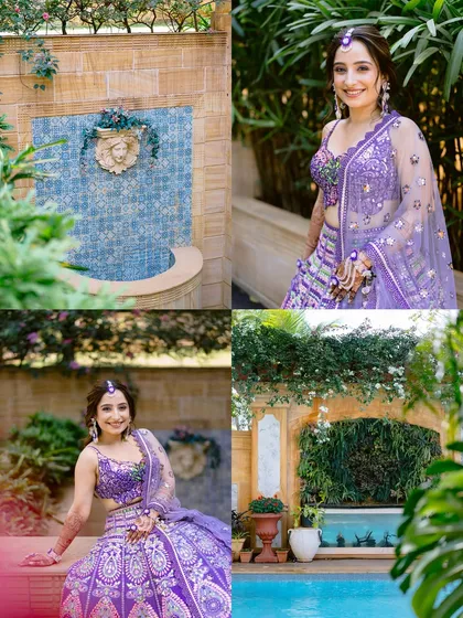 A collage showcasing the bride's beautiful purple lehenga and the stunning, lush venue for her Haldi ceremony at Della Resorts.
