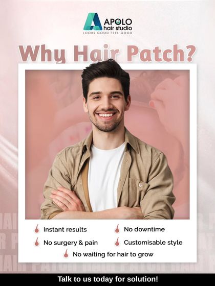 This graphic answers the question "Why Hair Patch?". It's a solution that offers instant results, no downtime, and a customizable style without surgery or pain.