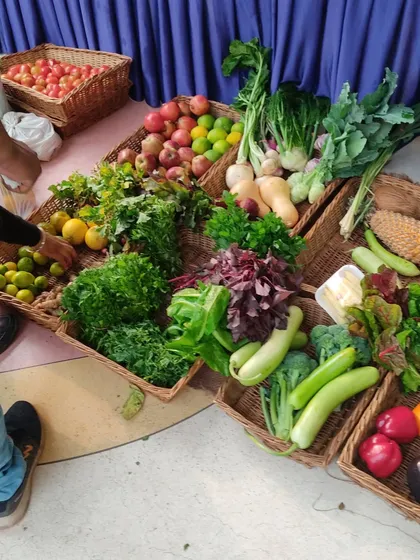A stall filled with an assortment of fresh greens, broccoli, gourds, and bell peppers.
