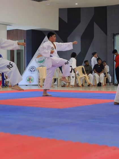 A display of synchronized power and precision. Our athletes execute a flawless side-piercing kick during the team patterns event.