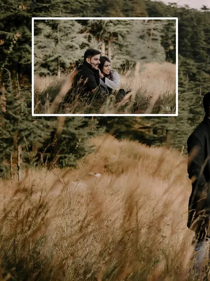A layered composition from a pre-wedding shoot in the hills. This style of photography adds depth and a sense of discovery to the final image.